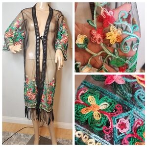 Asha Tulle Sheer embroidered fringe tie front midi kimono coverup one size.